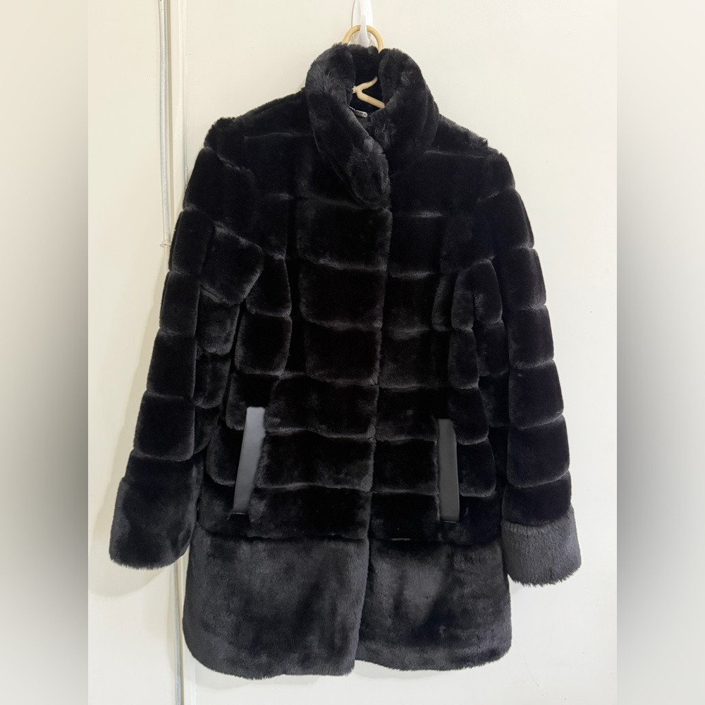 Jones New York Womens Coat Black Faux Fur Pockets Lined Heavyweight Size M